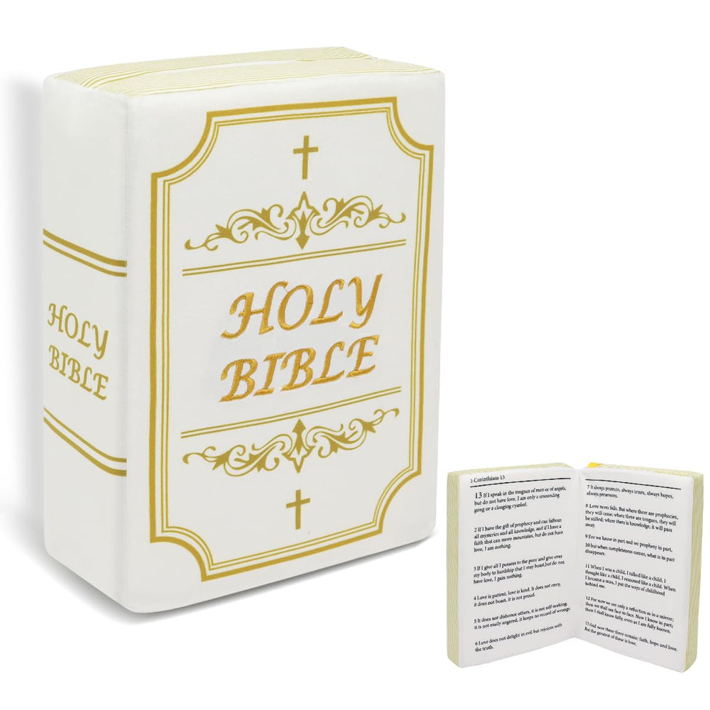 Yelakey Bible Pillow open view shows memory foam for cozy hugs.