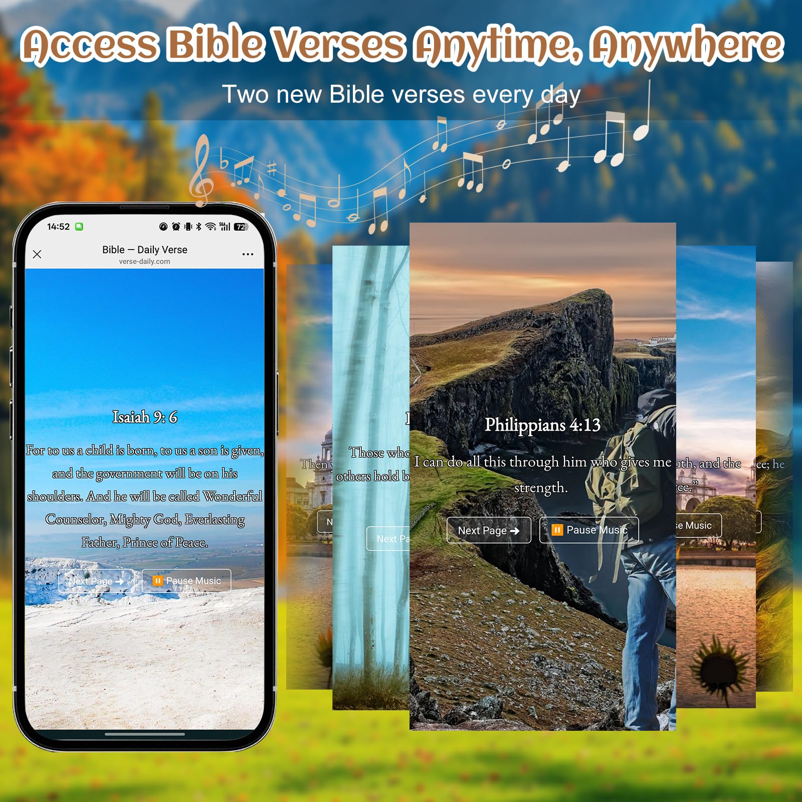 Yelakey daily scripture access pattern reveals uplifting verses and serene imagery.