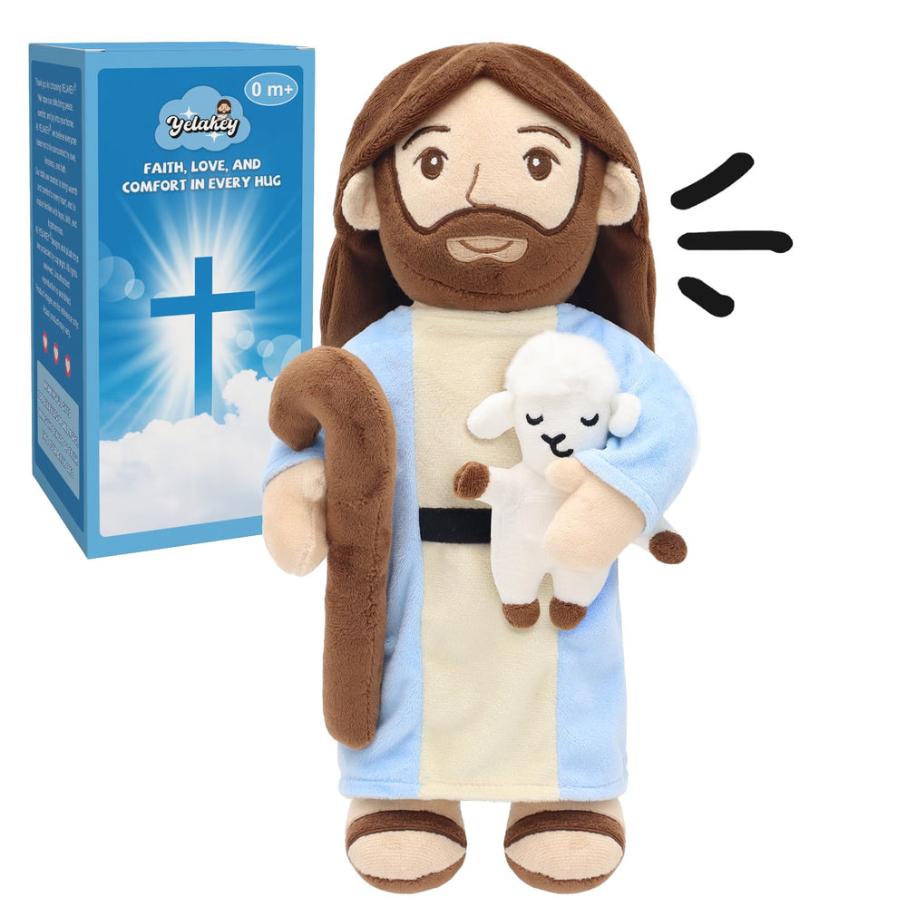 Yelakey Good Shepherd Jesus plush holding lamb offers comforting companionship for kids.