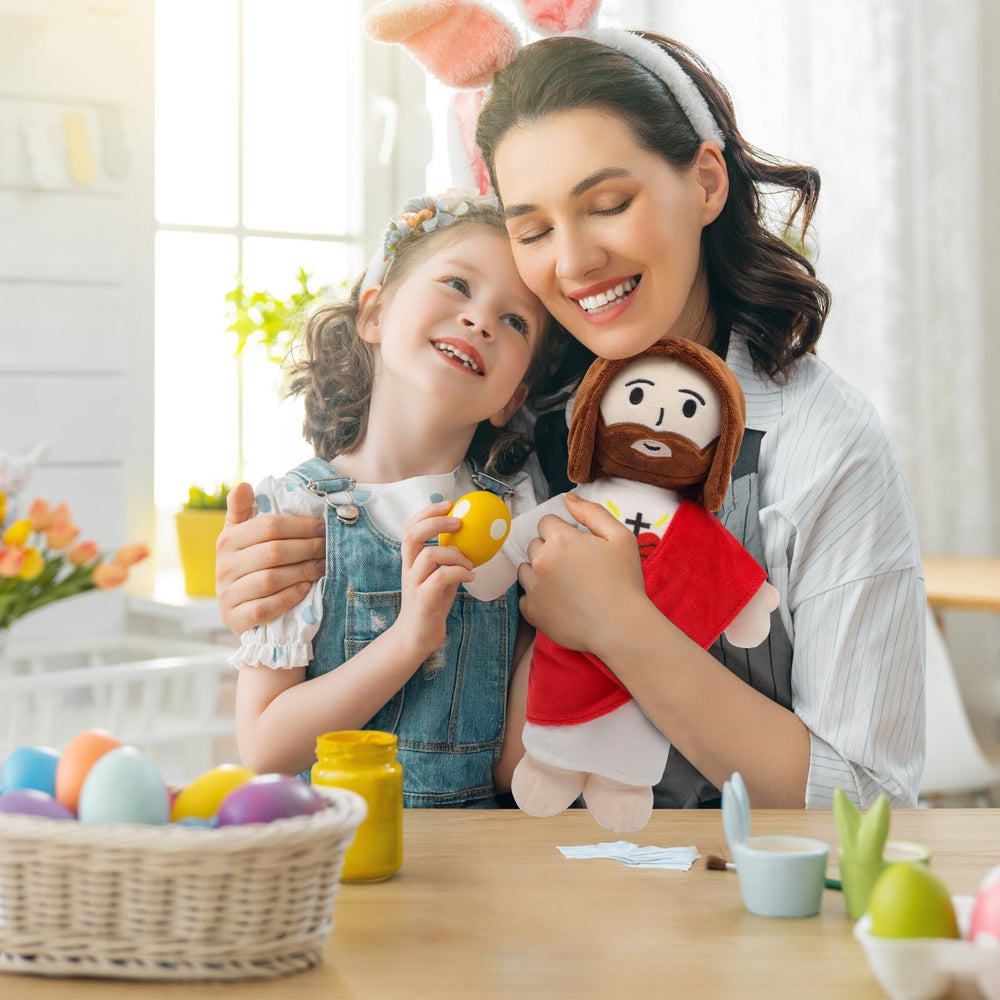 Yelakey Jesus plush beside a child during bedtime prayers for peaceful dreams.