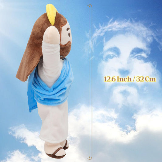 Yelakey Jesus plush face close up showing a lifelike, welcoming expression