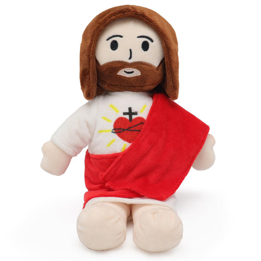 Yelakey Jesus plush hugged by a child for cozy bedtime comfort.