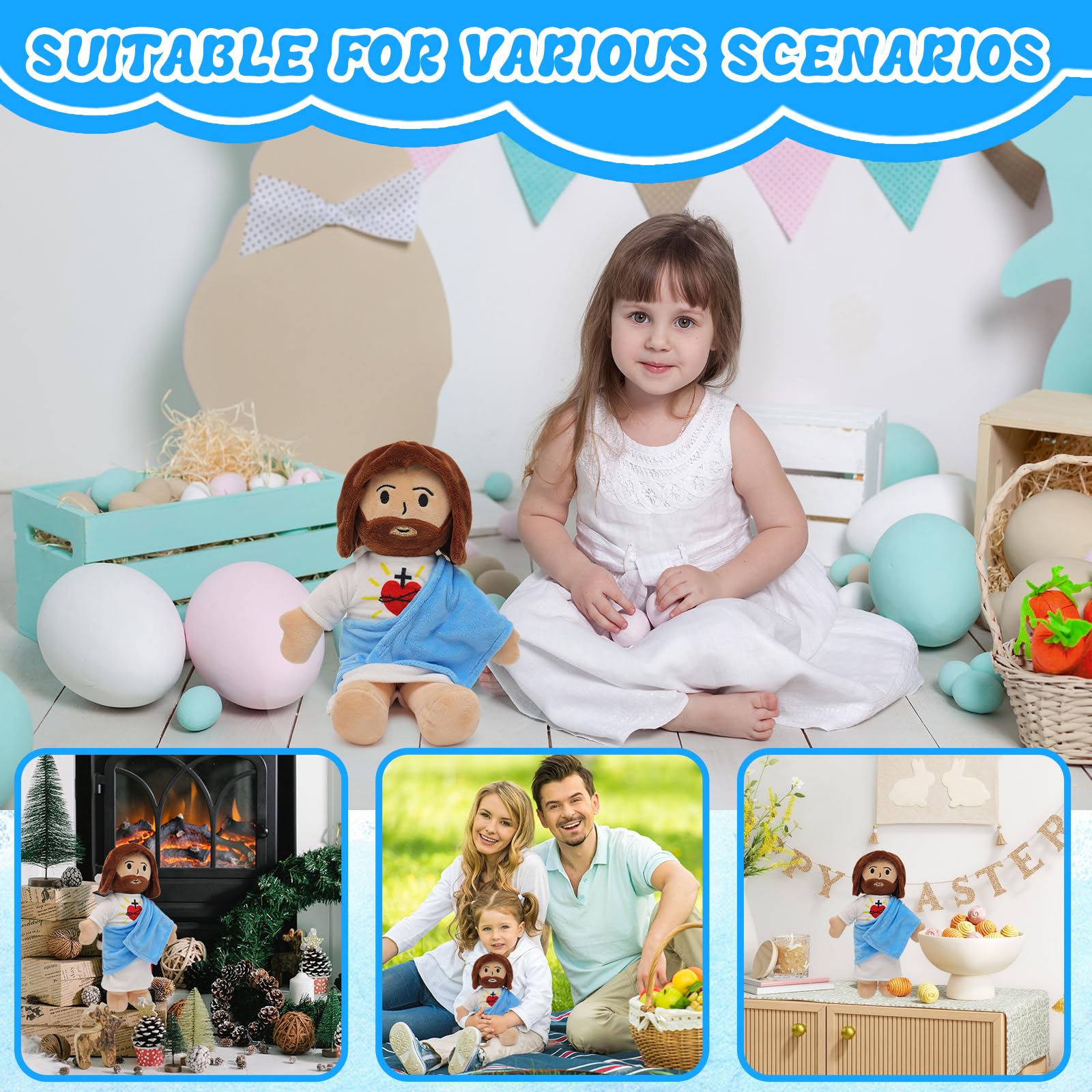 Yelakey Jesus plush packaging note indicates vacuum compression.