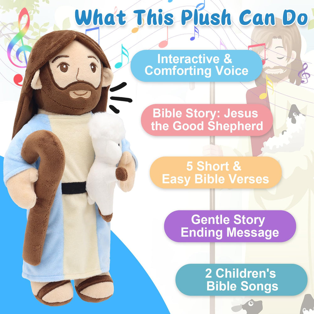 Yelakey Jesus plush with soft blue cream robes for gentle bedtime cuddles.
