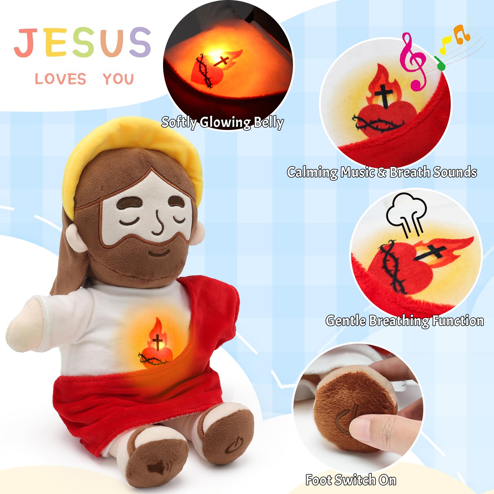 Yelakey Jesus plush dim-light halo detail promotes gentle sleep.