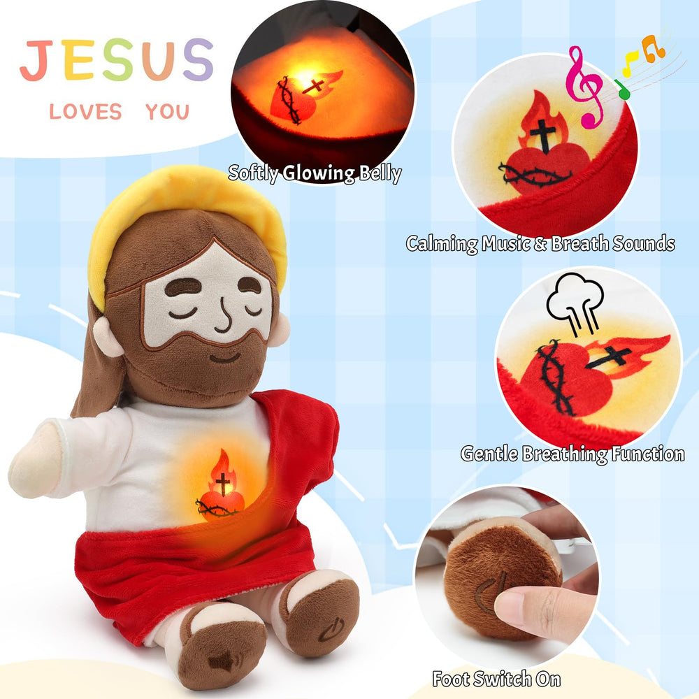 Yelakey Jesus plush dim-light halo detail promotes gentle sleep.