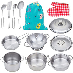 Yellora Play Pots and Pans Set cookware for kids promotes imaginative play and motor skills.