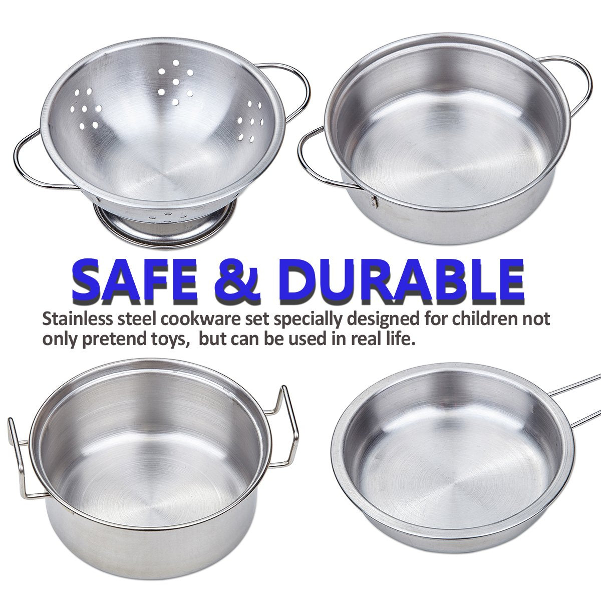 Yellora Play Pots and Pans Set utensils help develop fine motor skills during pretend cooking.