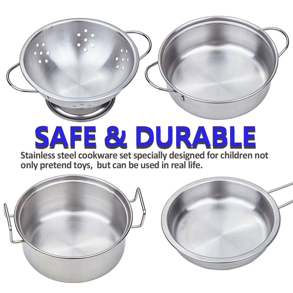 Yellora Play Pots and Pans Set utensils help develop fine motor skills during pretend cooking.