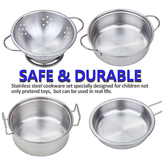 Yellora Play Pots and Pans Set utensils help develop fine motor skills during pretend cooking.