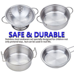 Yellora Play Pots and Pans Set utensils help develop fine motor skills during pretend cooking.