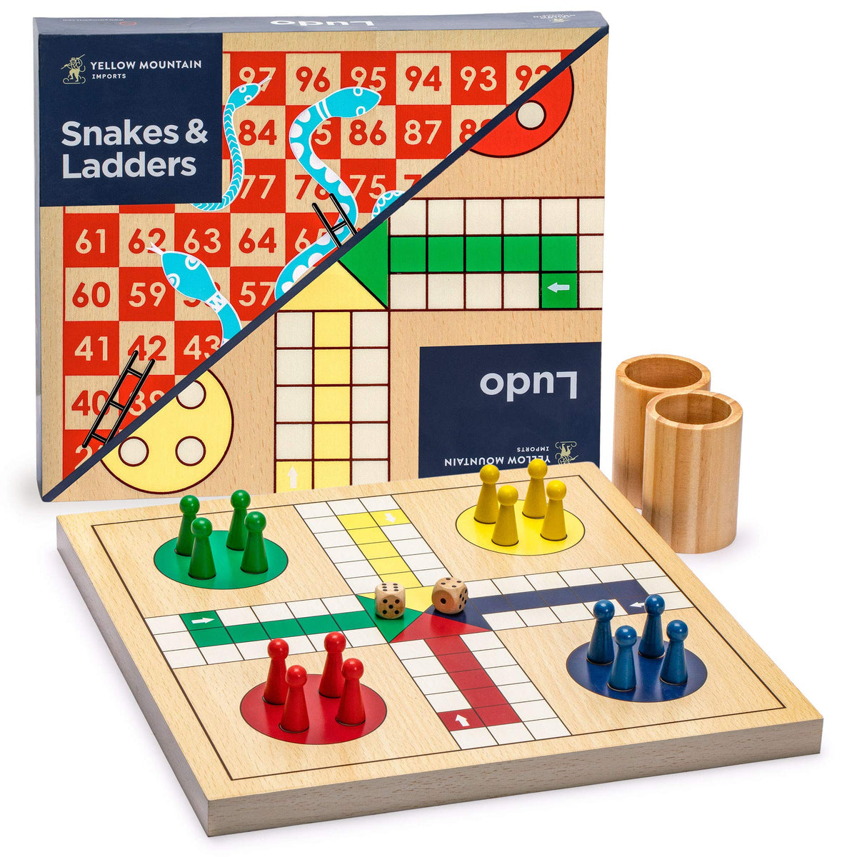 Yellow Mountain Imports 2-in-1 reversible Snakes and Ladders Ludo board featuring a durable wooden surface.
