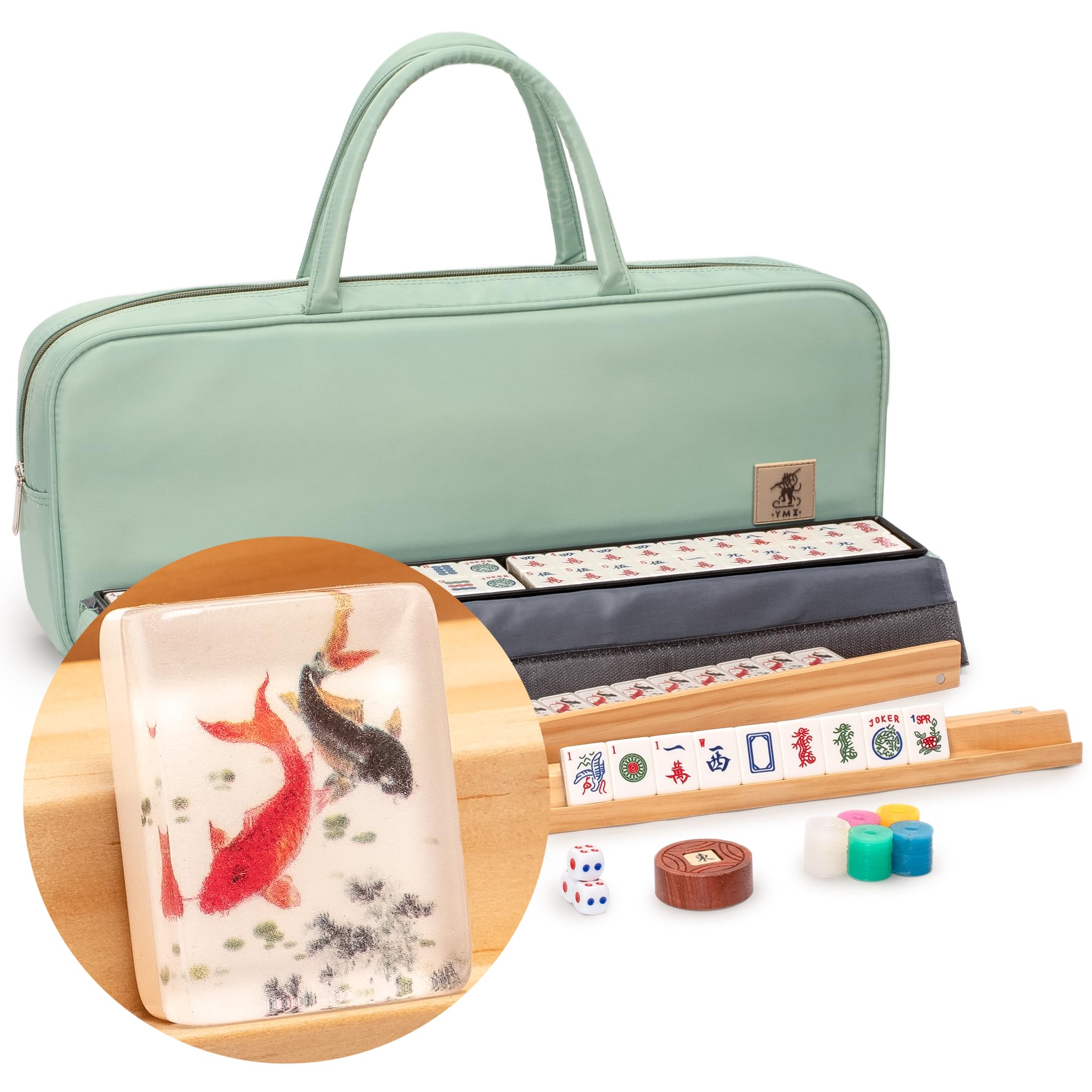 Yellow Mountain Imports American Mahjong set Celadon Koi tiles in mint green case for display and play.