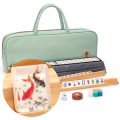 Yellow Mountain Imports American Mahjong set Celadon Koi tiles in mint green case for display and play.