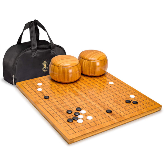 Yellow Mountain Imports bamboo goban showing reversible 19x19 and 13x13 grids for flexible Go gameplay.