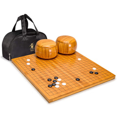 Yellow Mountain Imports bamboo goban showing reversible 19x19 and 13x13 grids for flexible Go gameplay.