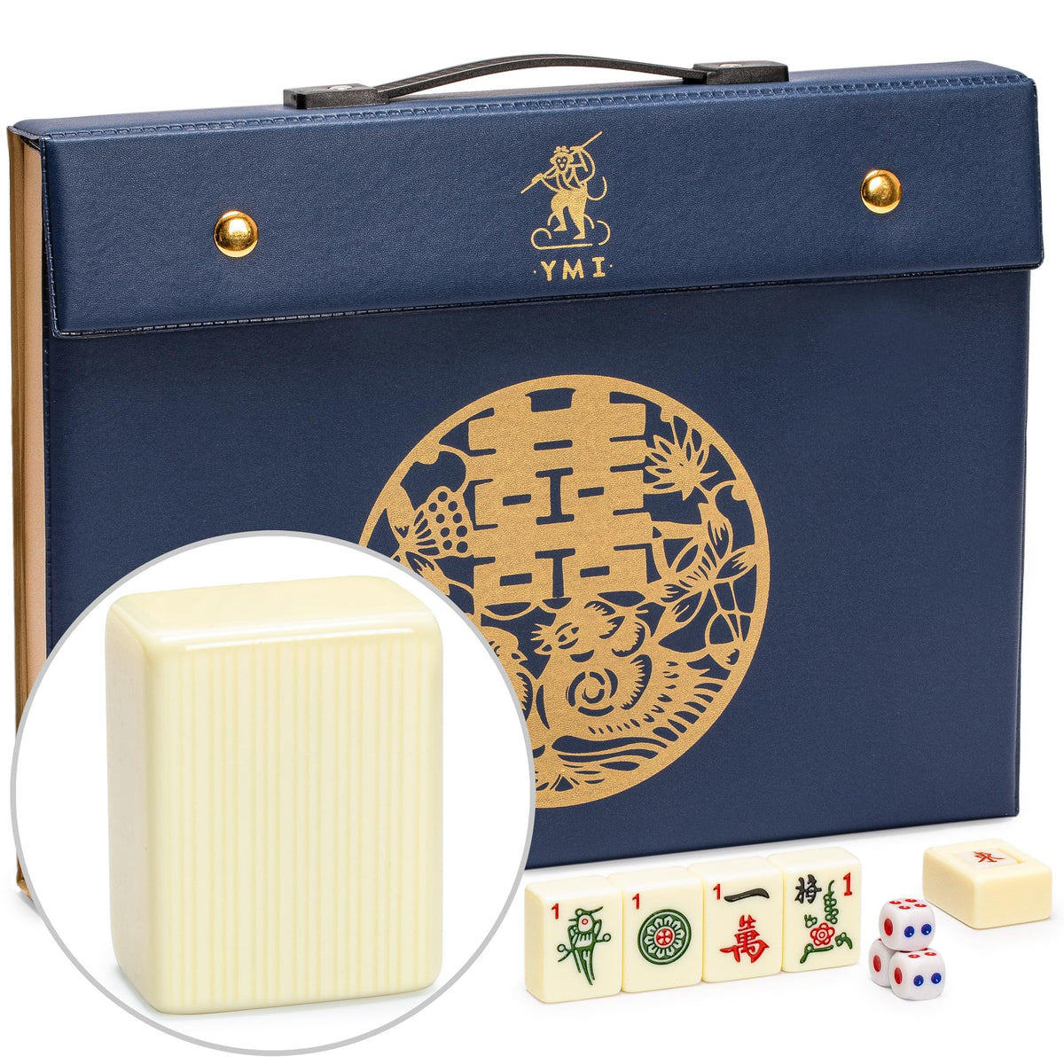 Yellow Mountain Imports Bleau Fontaine mahjong tiles closeup show detailed engravings for authentic play.