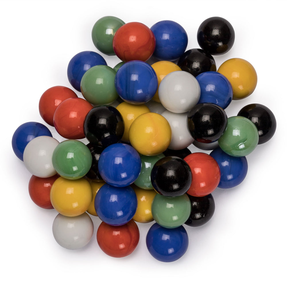 Yellow Mountain Imports marbles in white 16mm, bright visuals for color matching and cooperative play.
