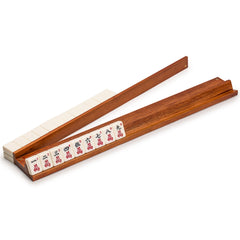Yellow Mountain Imports classic chestnut mahjong racks front view, durable wood for organized hands during play