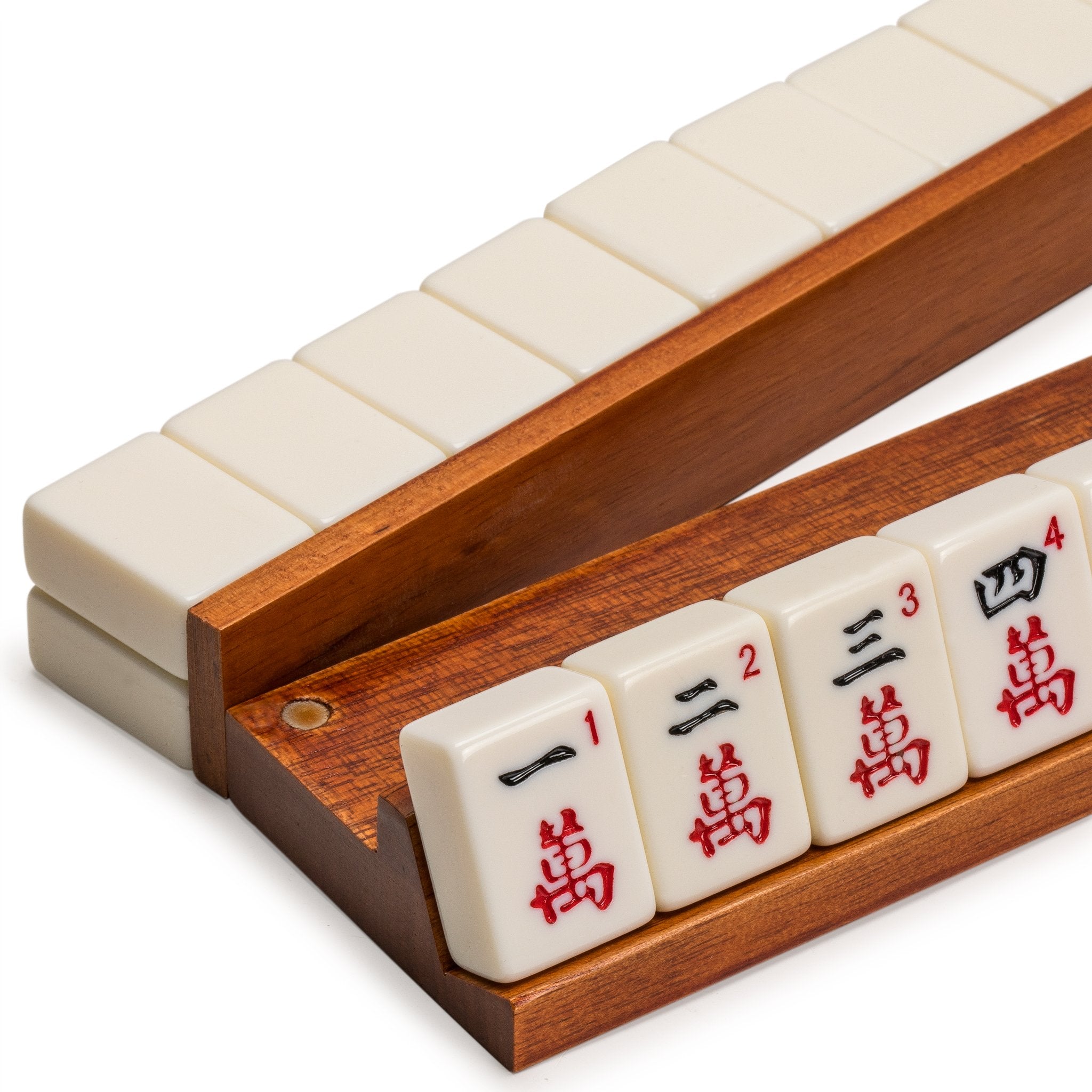 Side view of mahjong racks showing compact footprint for on-table use