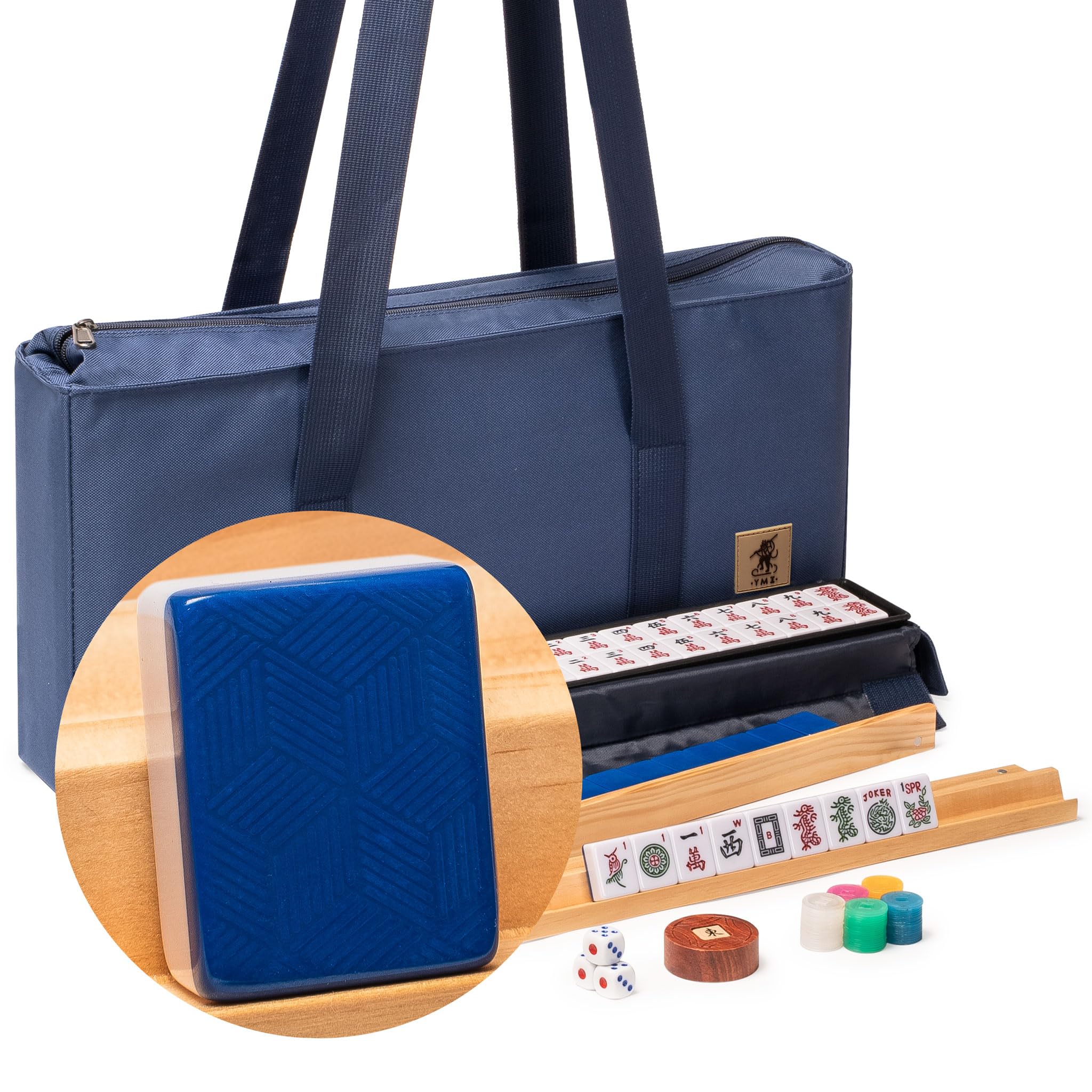 Yellow Mountain Imports Indigo Tides tiles feature a blue geometric back for stylish, durable play.