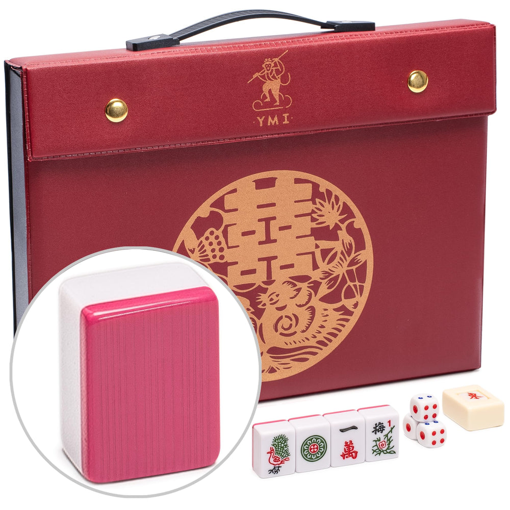 Yellow Mountain Imports Rouge Harmony tiles close-up with intricate engravings for authentic traditional mahjong.