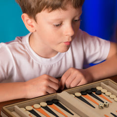 Yellow Mountain Imports travel backgammon mini leatherette dice cups keep pieces organized.