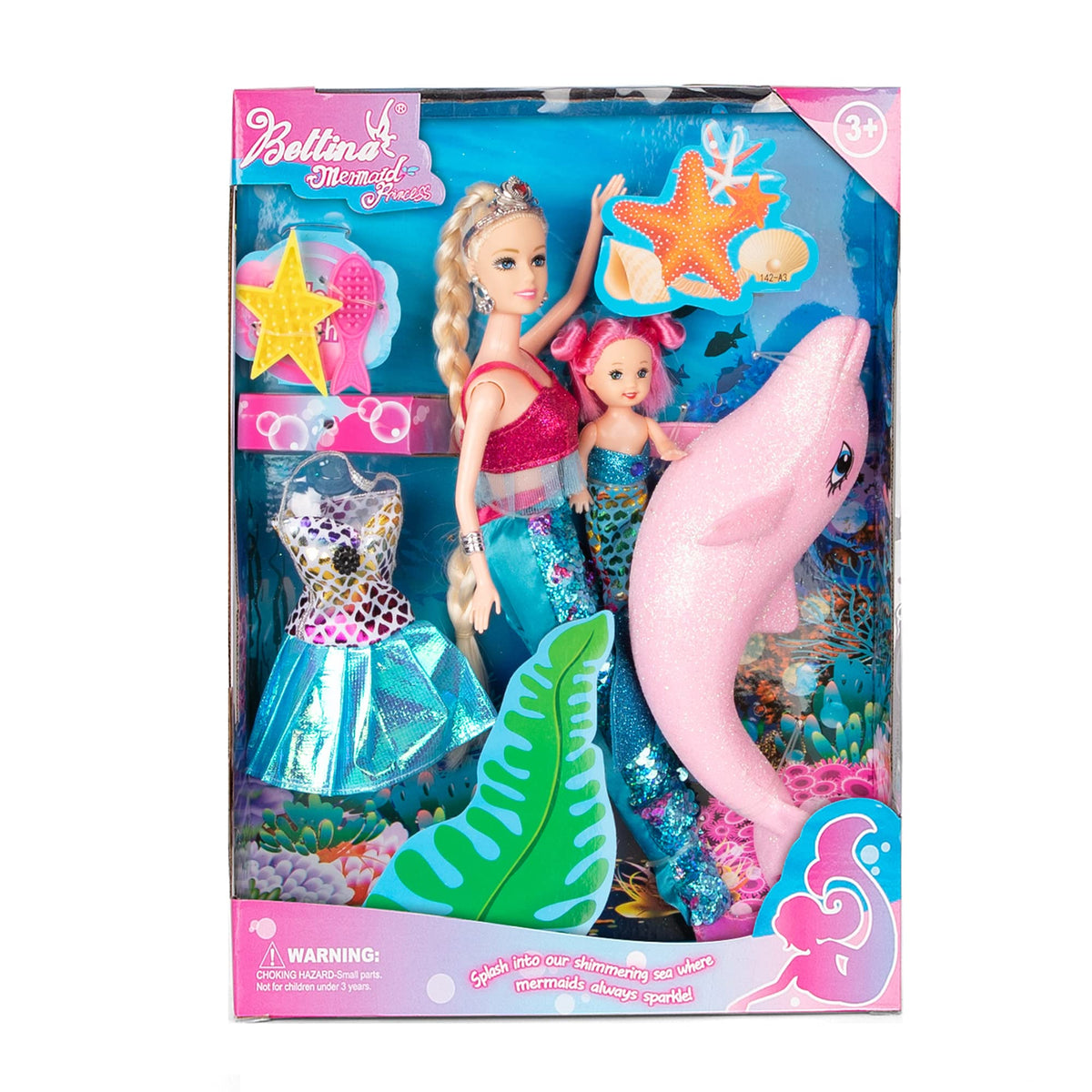 Yellow River Princess Mermaid Playset front view encourages imaginative pretend play for kids.