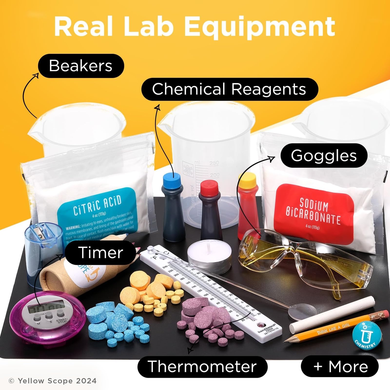 Yellow Scope safety goggles provide colorful eye protection for experiments.