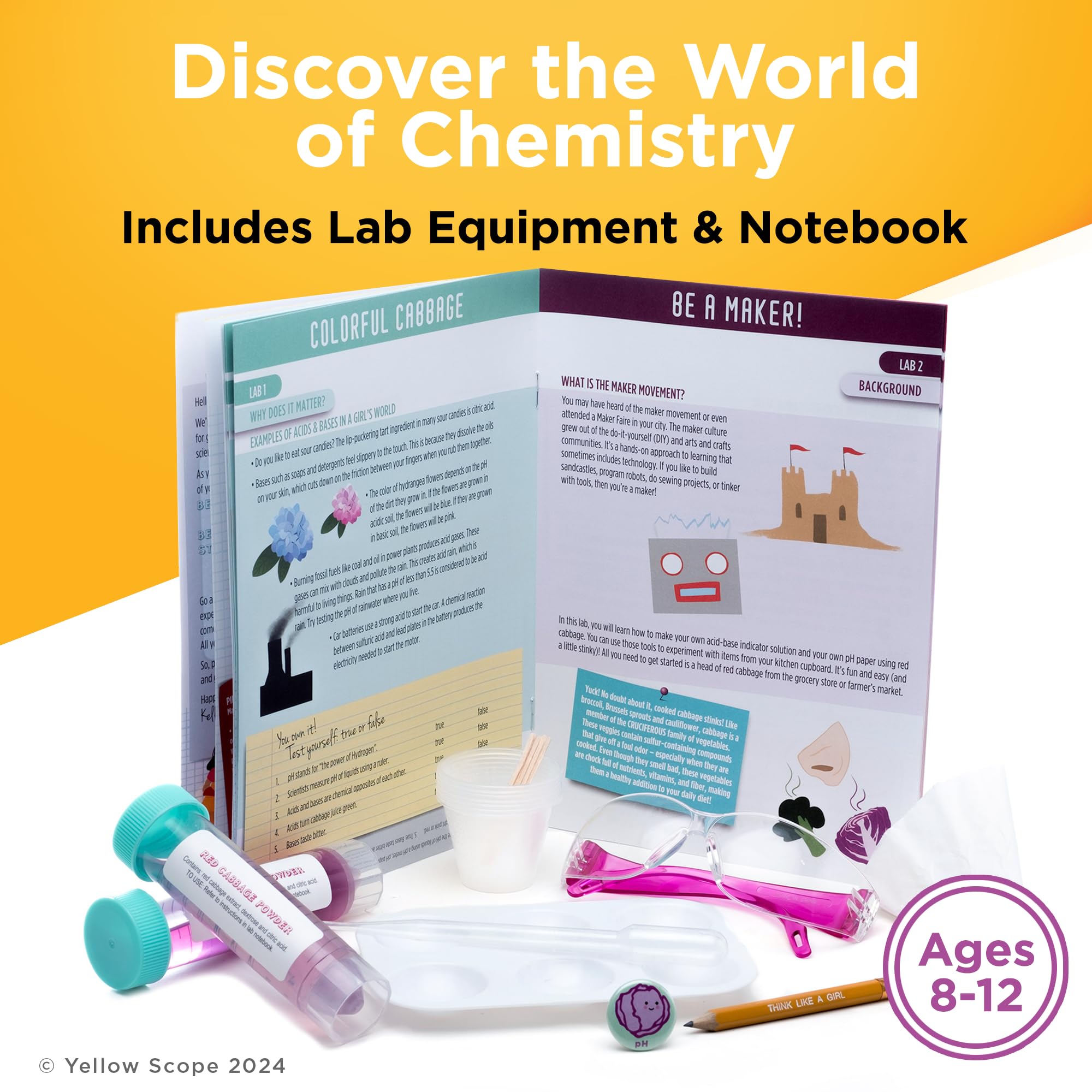 Yellow Scope safety goggles protect eyes during at-home experiments.