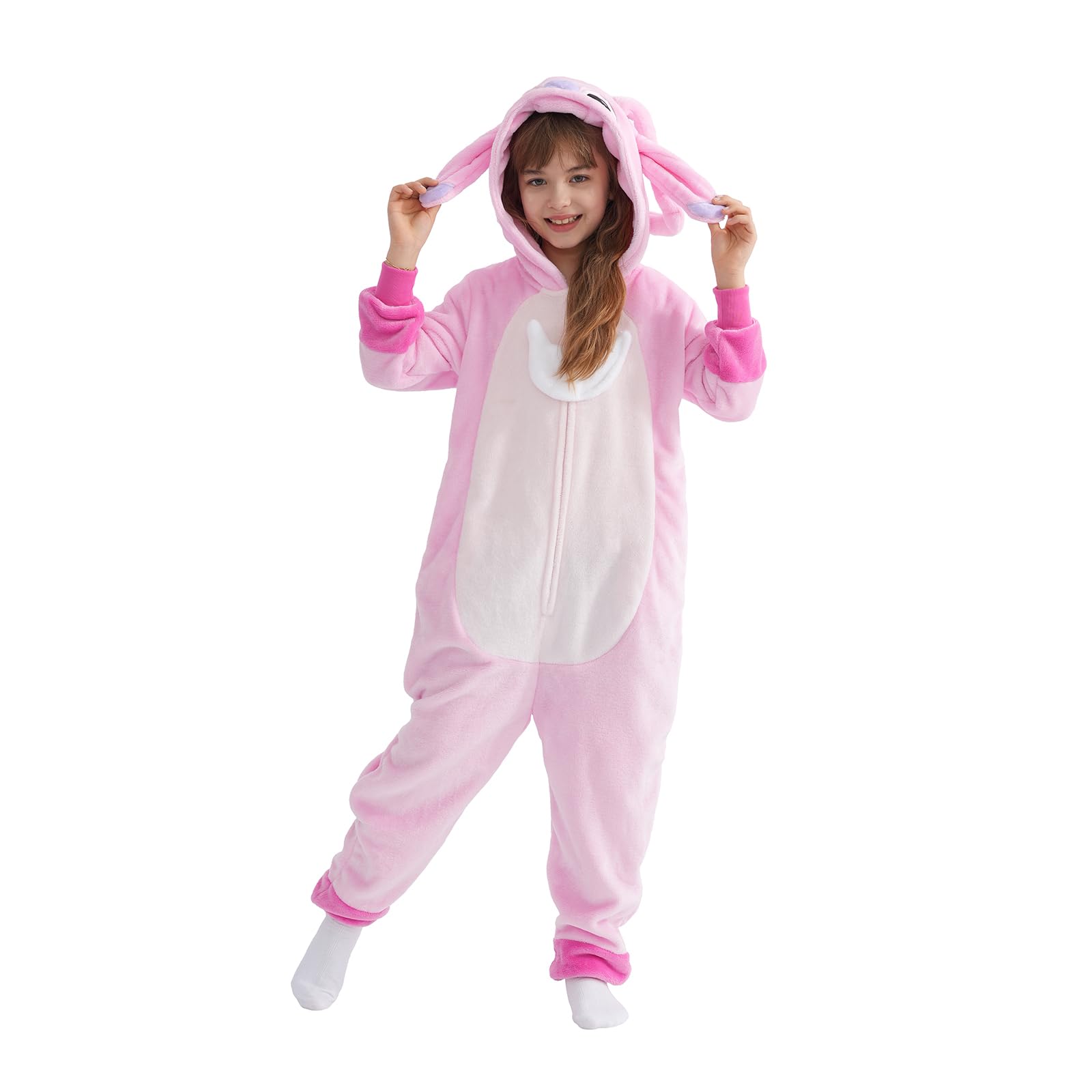 Yemnut Halloween Christmas kids flannel onesie front view showing cozy warmth and pink stitch