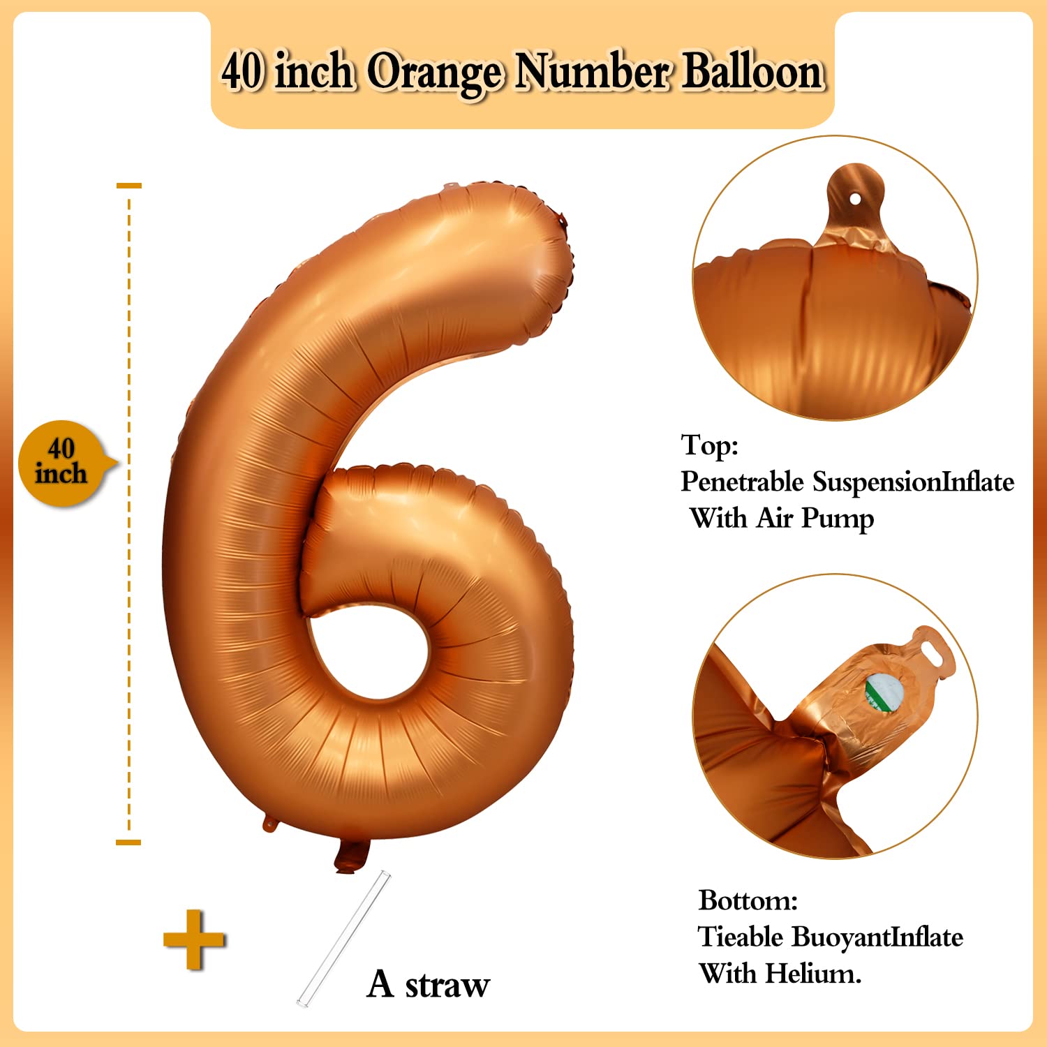 Yeodong orange number 6 foil balloon, durable material for long-lasting helium float.