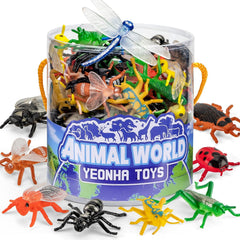 Yeonha Toys 60-piece mini insect toys in a round clear bucket for easy storage.