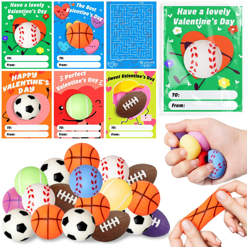 Yeopopshop Valentines cards with sport-stress balls, front view; ideal classroom gift exchange.