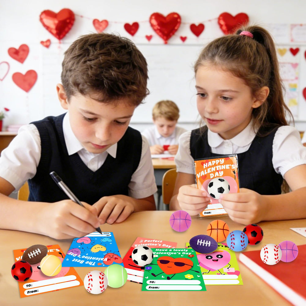 Yeopopshop valentines classroom exchange scene; kids share cards and balls for group activity.