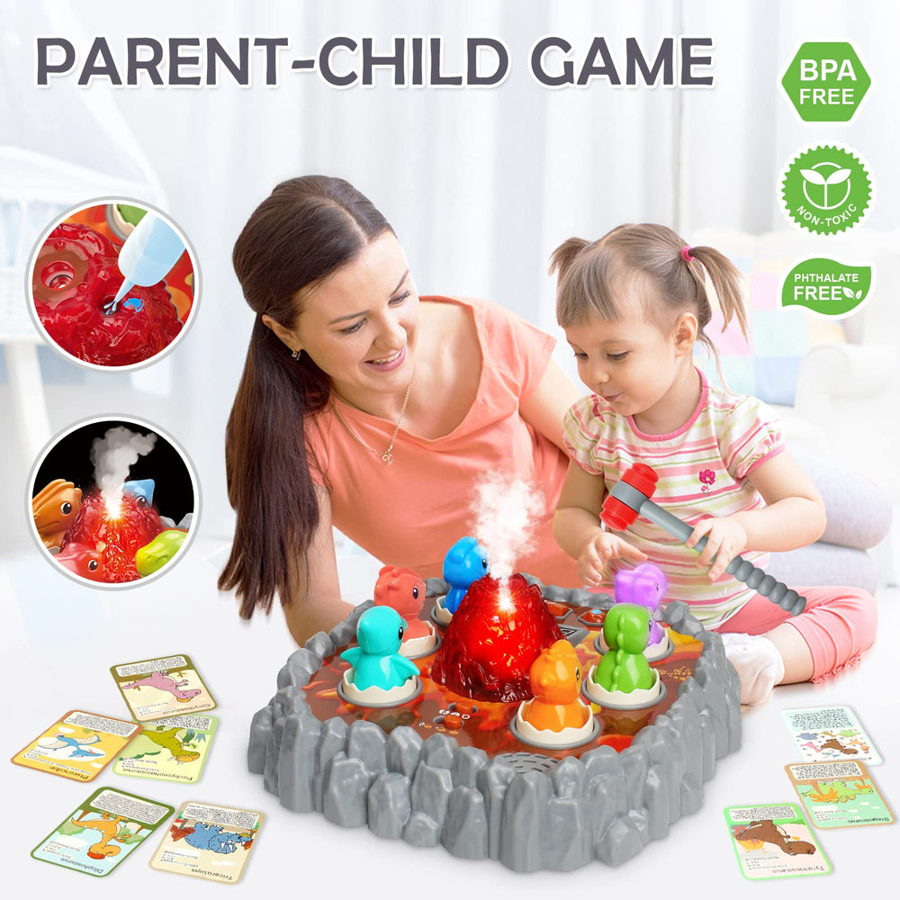 Yerloa Whack Game learning cards with colorful dinosaurs.
