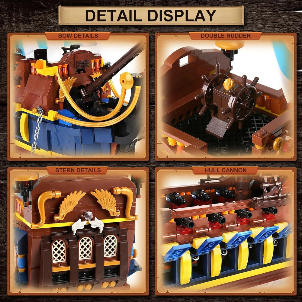 YESHIN Pirates Ship model sails and rigging in vivid color for immersive display.
