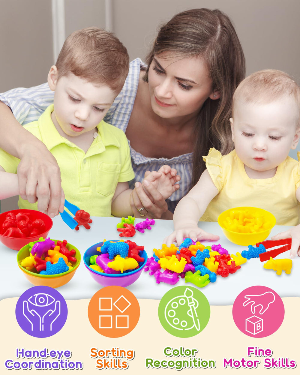 Yetonamr tweezers and color matching bowls promote fine motor control