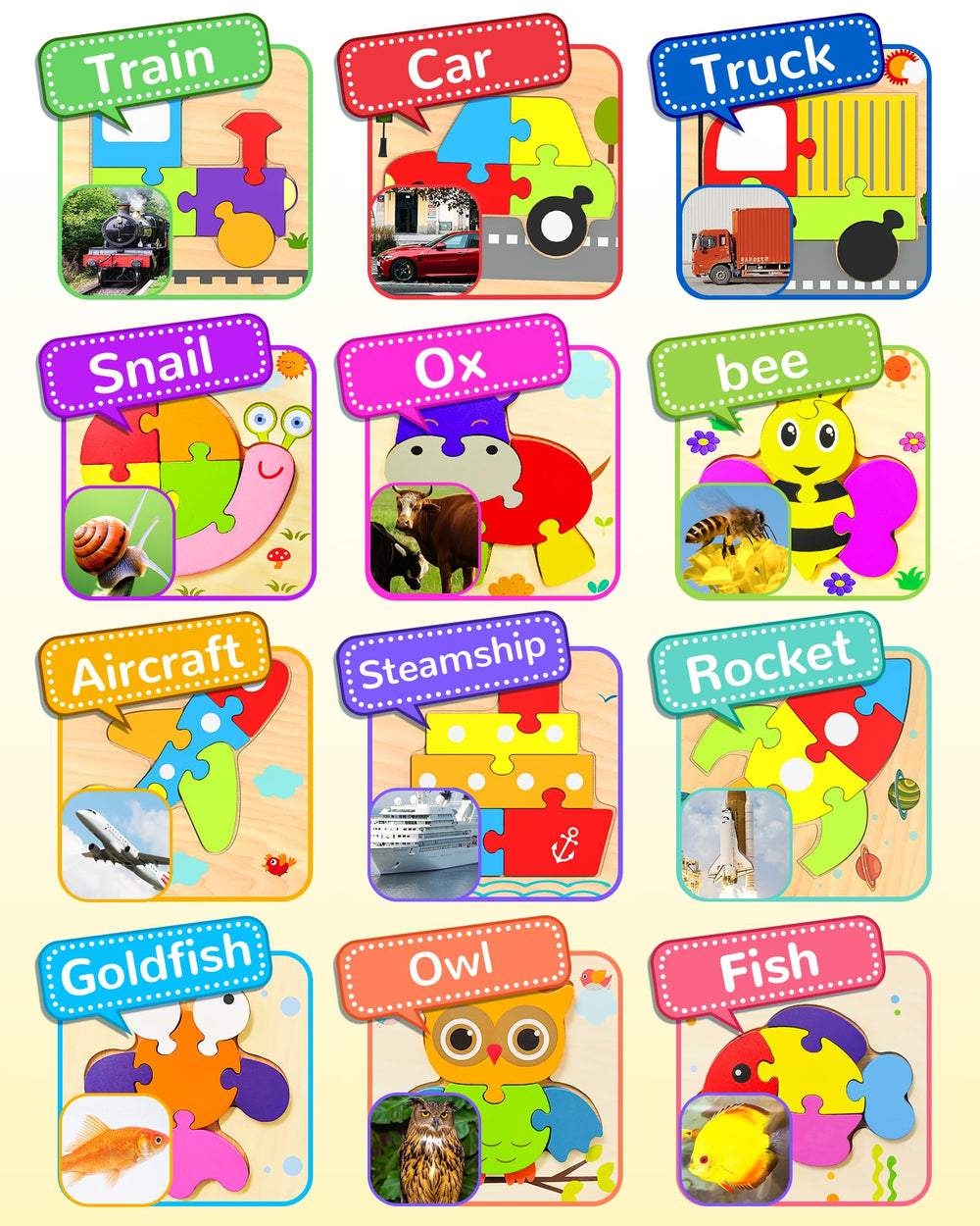 Yetonamr wooden toddler puzzle with colorful designs boosts color recognition.