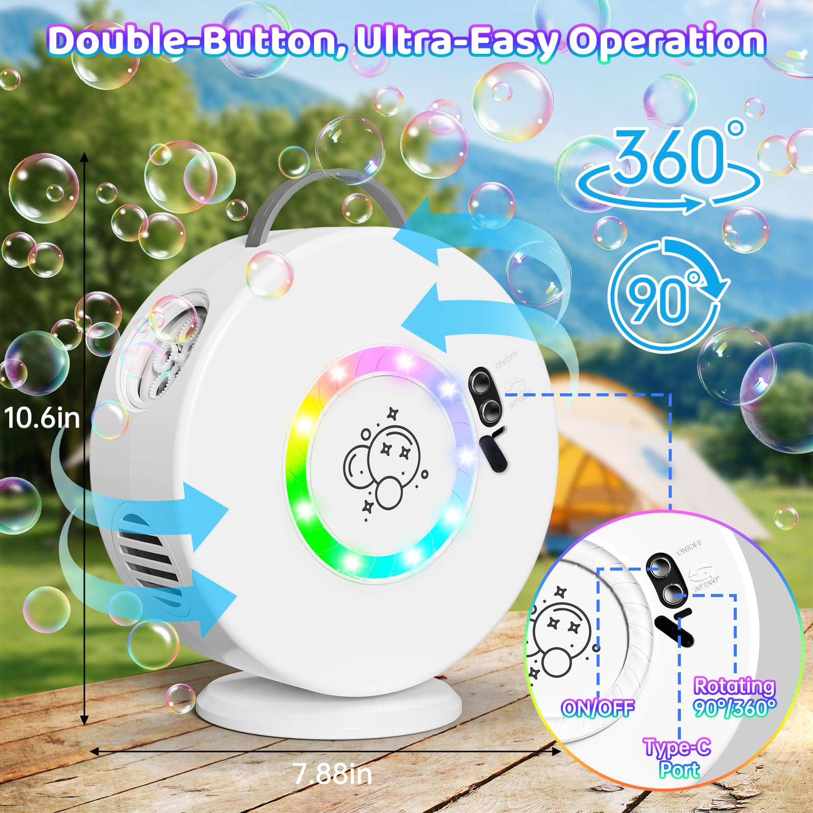 Yevohadt Bubble Machine with 360-degree rotation for immersive bubbles