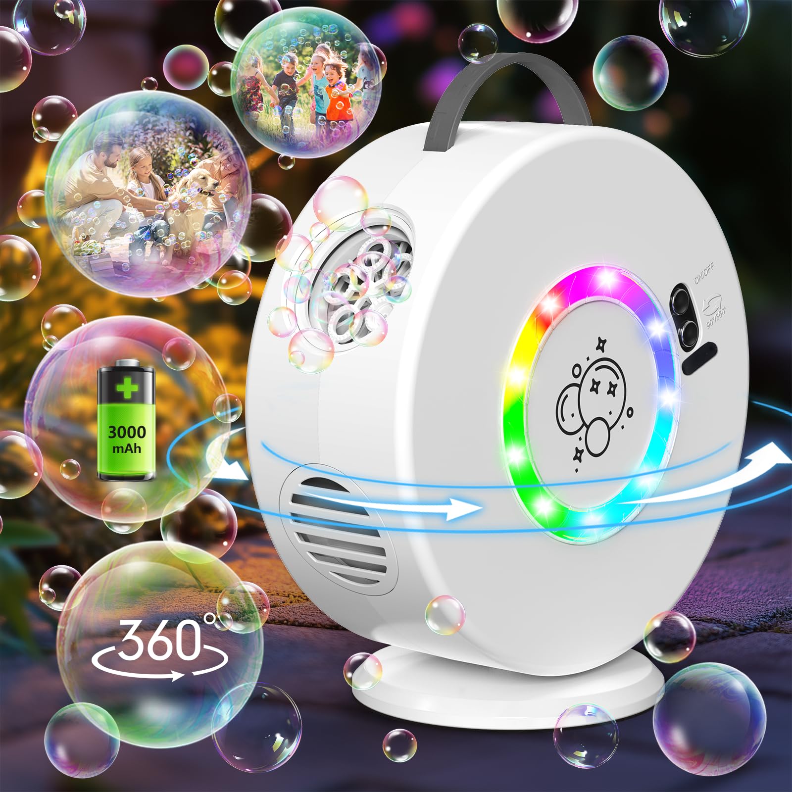 Yevohadt Bubble Machine with 90-degree swing over an outdoor party