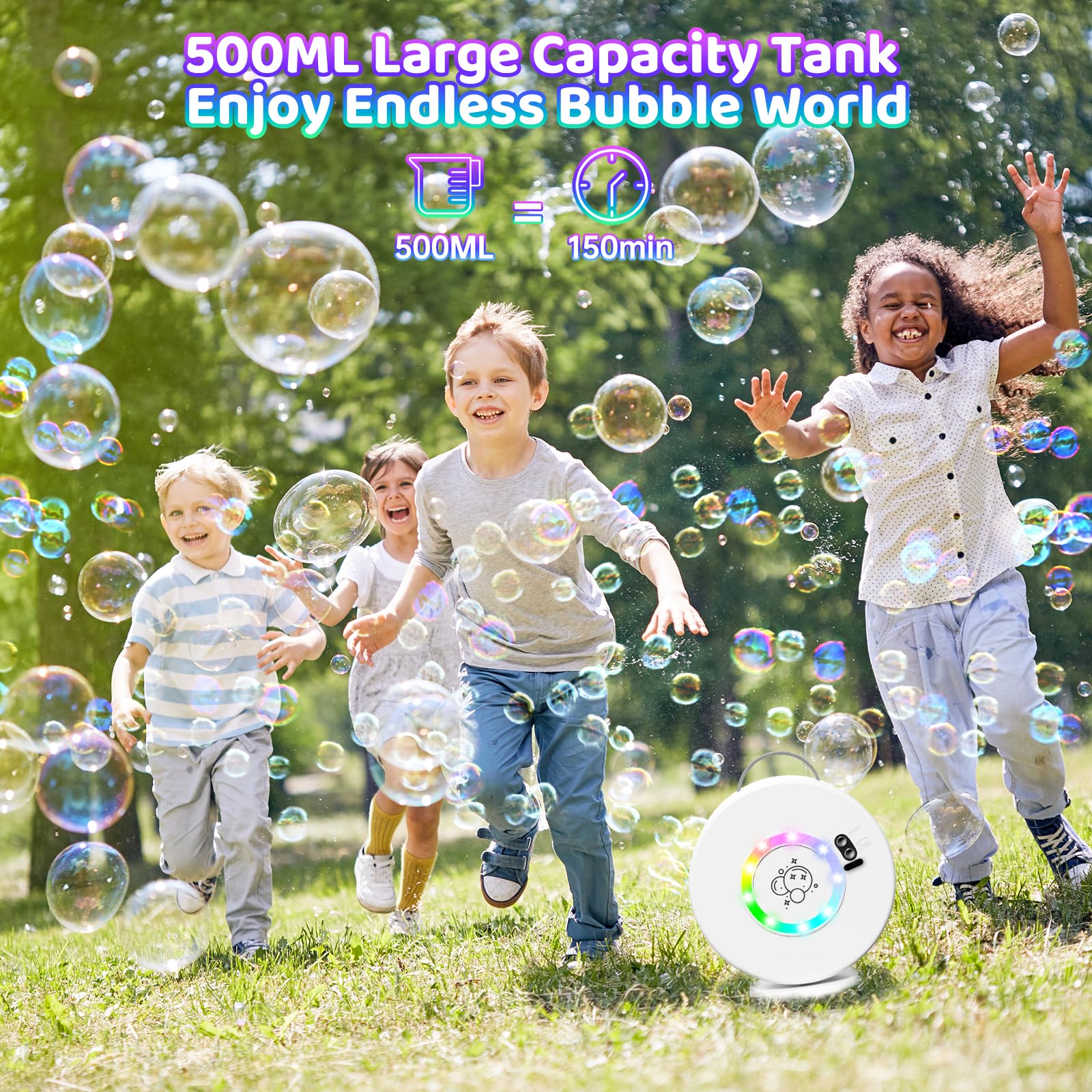 Yevohadt Bubble Machine RGB lights add color to bubbles
