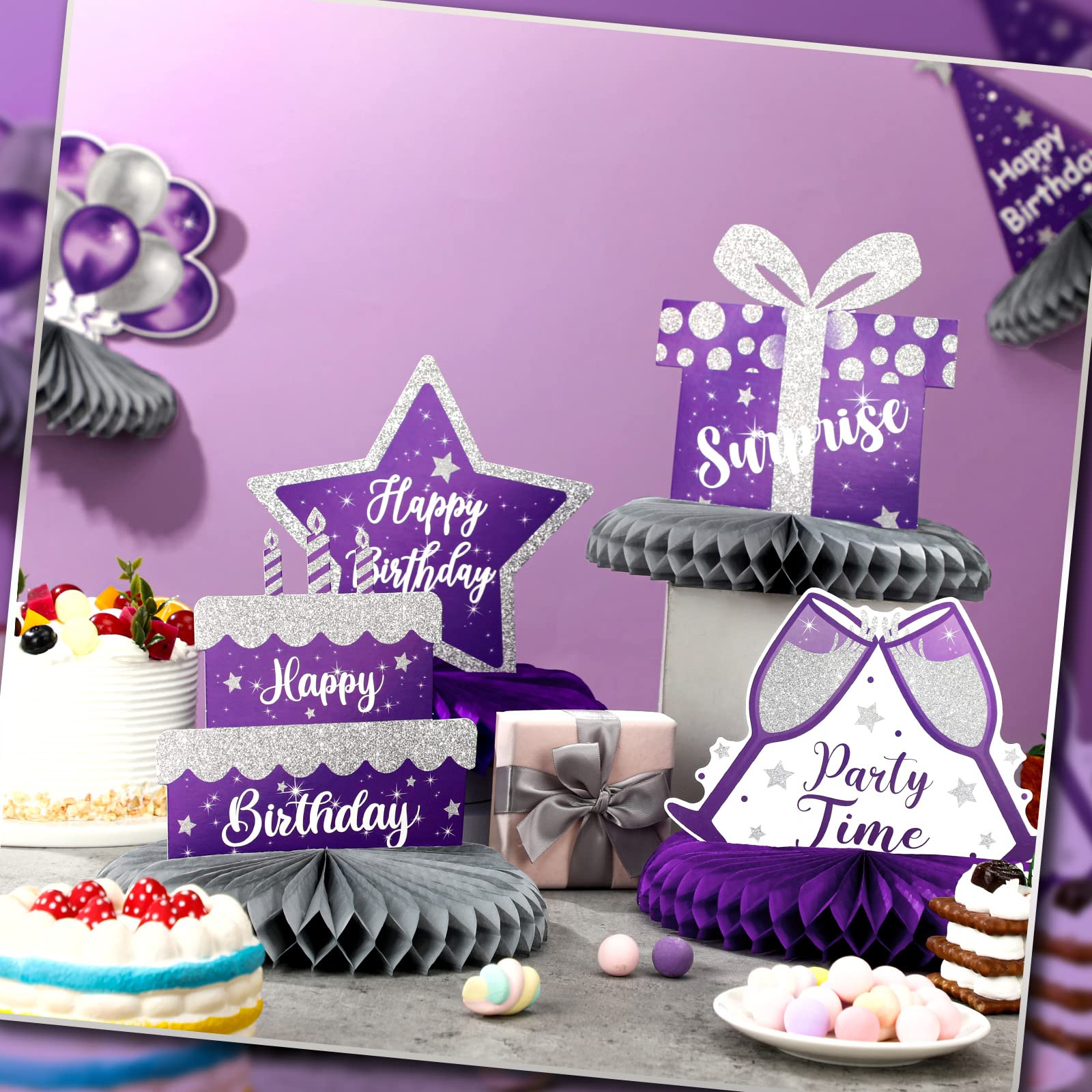 Yexiya purple and silver honeycomb ball centerpiece is quick to set up