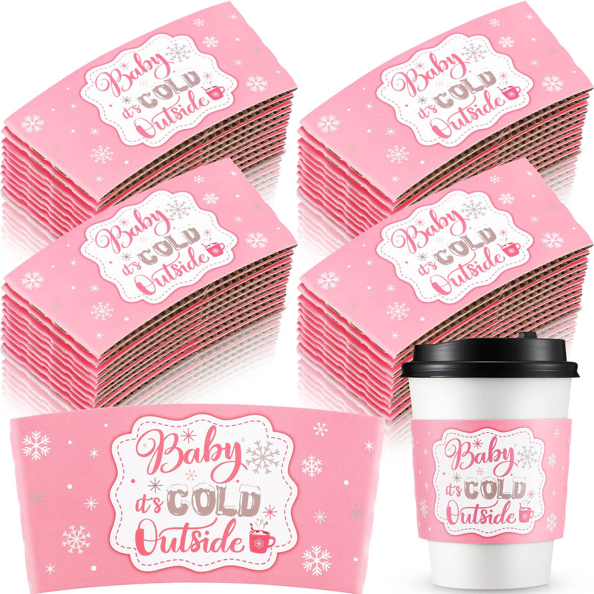Yexiya cup sleeve with pink-silver Baby It's Cold Outside design keeps hands warm