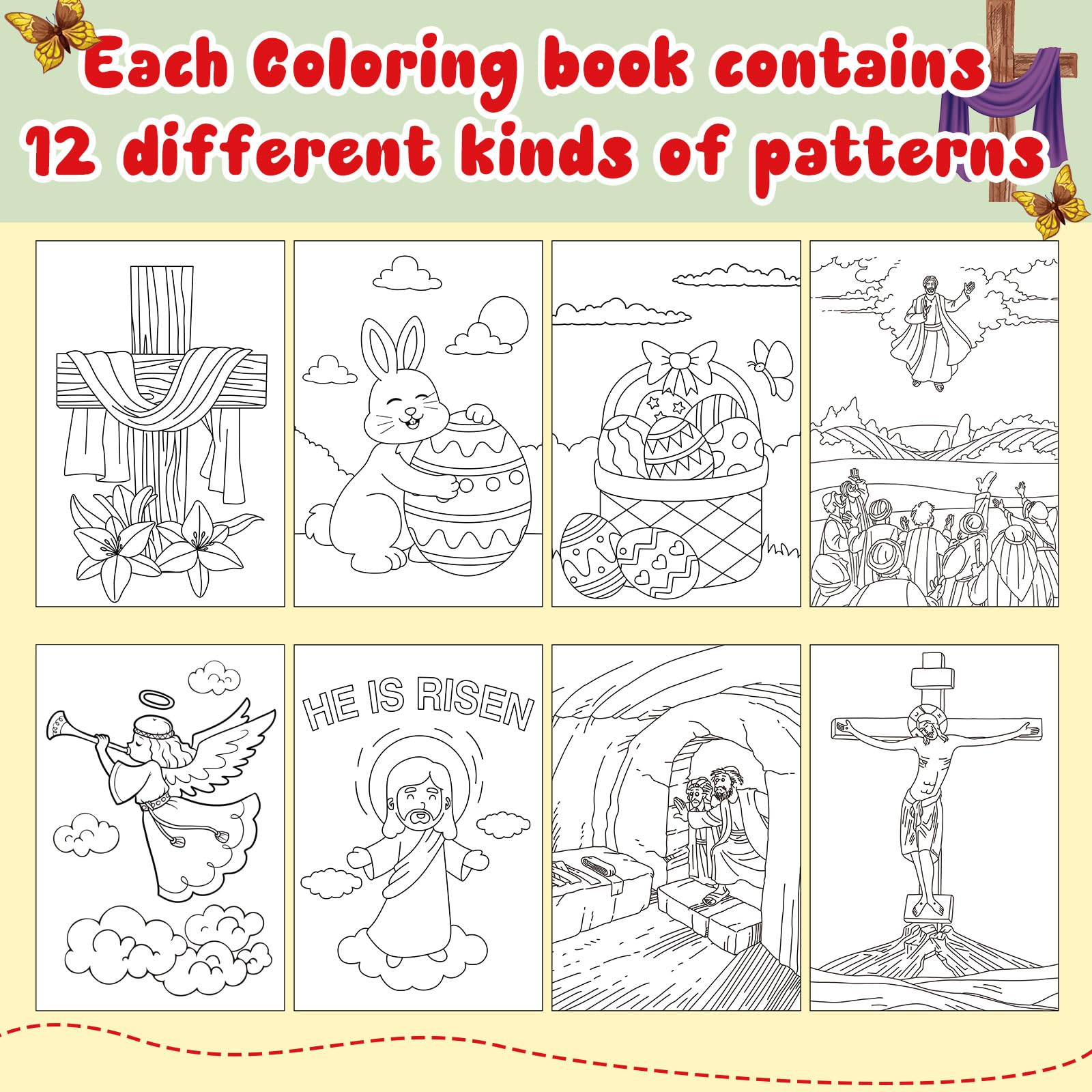 Yexiya Easter Bible story artwork; crosses and eggs for wholesome coloring.