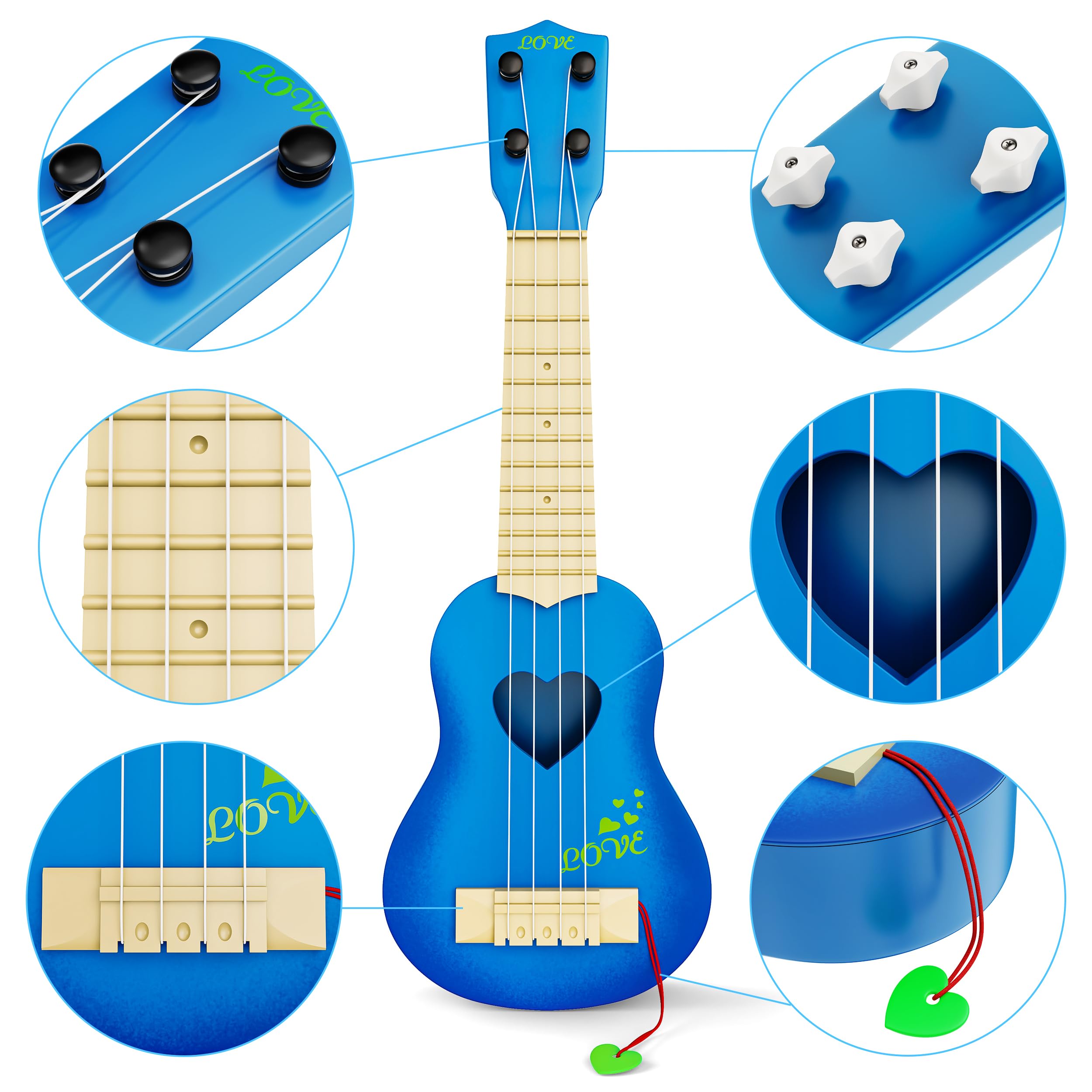 YEZI blue ukulele strings closeup highlights durable carbon nylon strings.