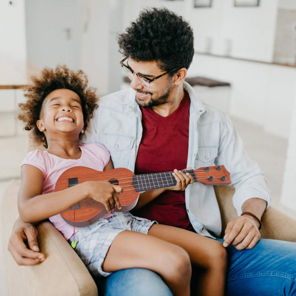 YEZI Kids ukulele brown family playtime scene, encourages shared music.