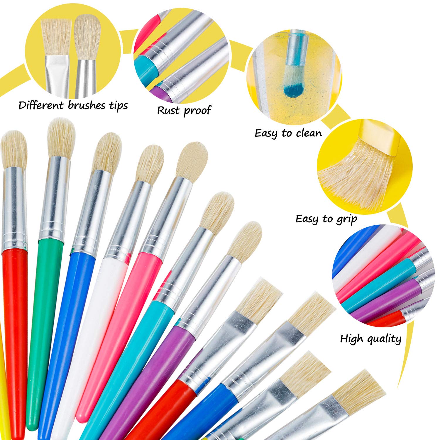 YGAOHF soft pig bristles provide smooth color pickup for kids' art.