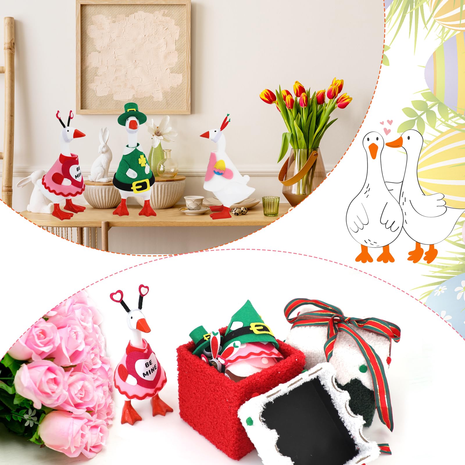 YGEINIT office desk display with seasonal goose outfits for spring decor