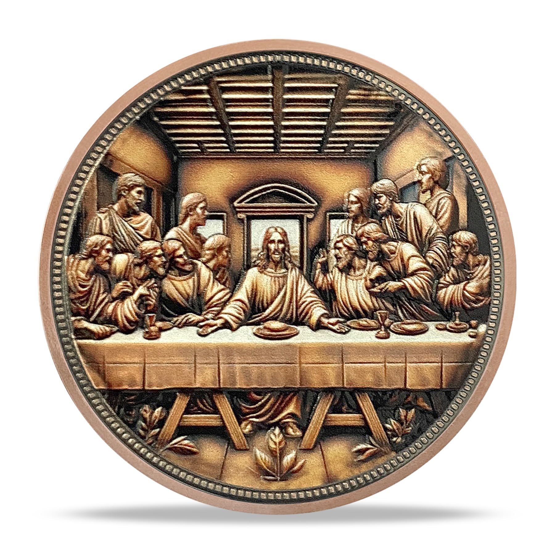 YGLLSSY Last Supper coin reverse shows chalice and bread, evoking Eucharist symbolism for daily prayer.